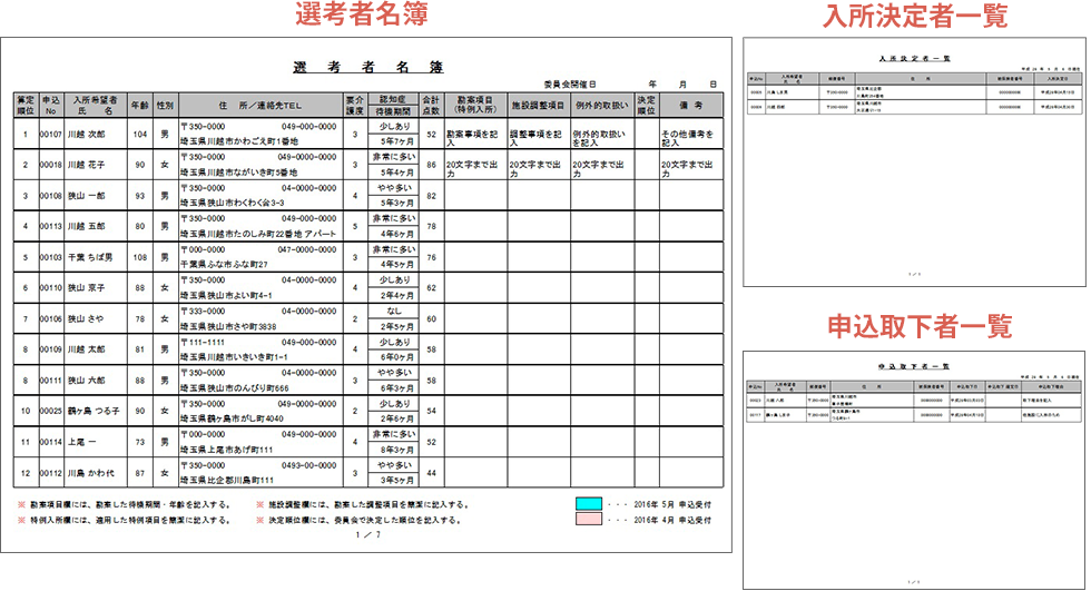 選考者名簿、入所決定者一覧、申込取下者一覧